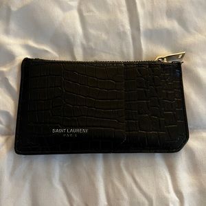 SAINT LAURENT PARIS FRAGMENTS ZIPPED CARD CASE SHINY CROCODILE-EMBOSSED LEATHER